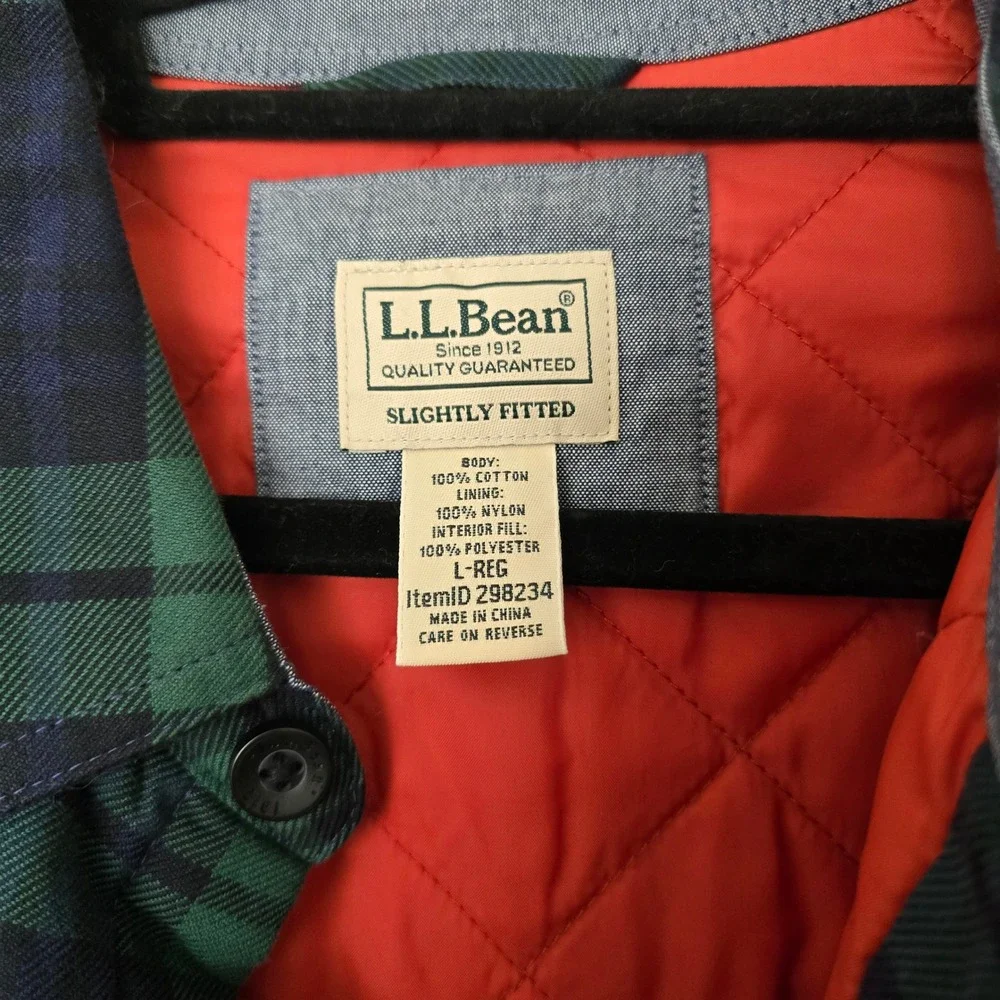 L.L.Bean Quilted Flannel Shirt Jacket Men Large Green Blue Plaid Quilted Shacket